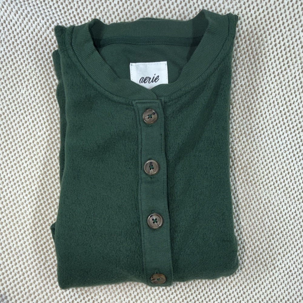 Aerie Women's S Green Solid Henley Top Long Sleeve Crew Neck Button Casual - Picture 5 of 5